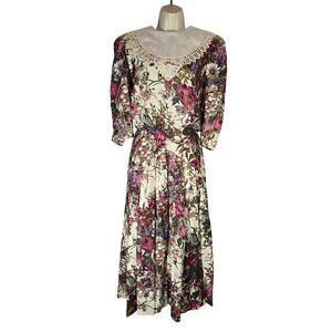Vtg Lisa II 80's Floral Roses‎ Cottagecore Dress Small Cream Lace Collar 12 USA